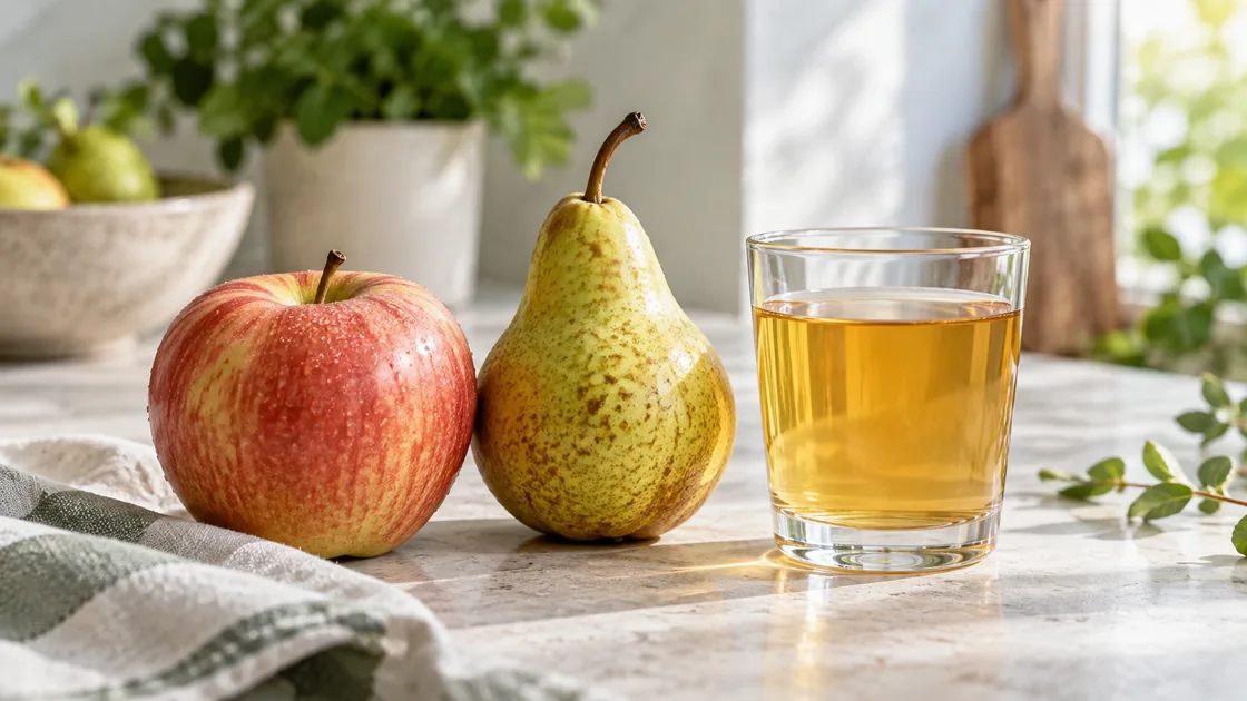 Fruchtzucker: Apfel und Birne neben einem Glas Saft