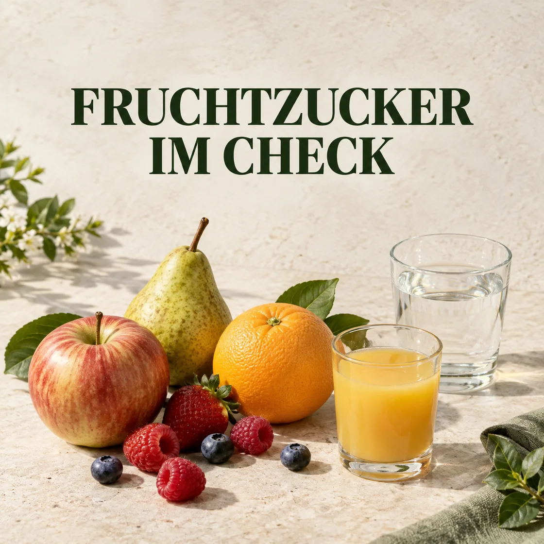 Fruchtzucker im Check: ganzes Obst, Saft und Wasser mit Titel