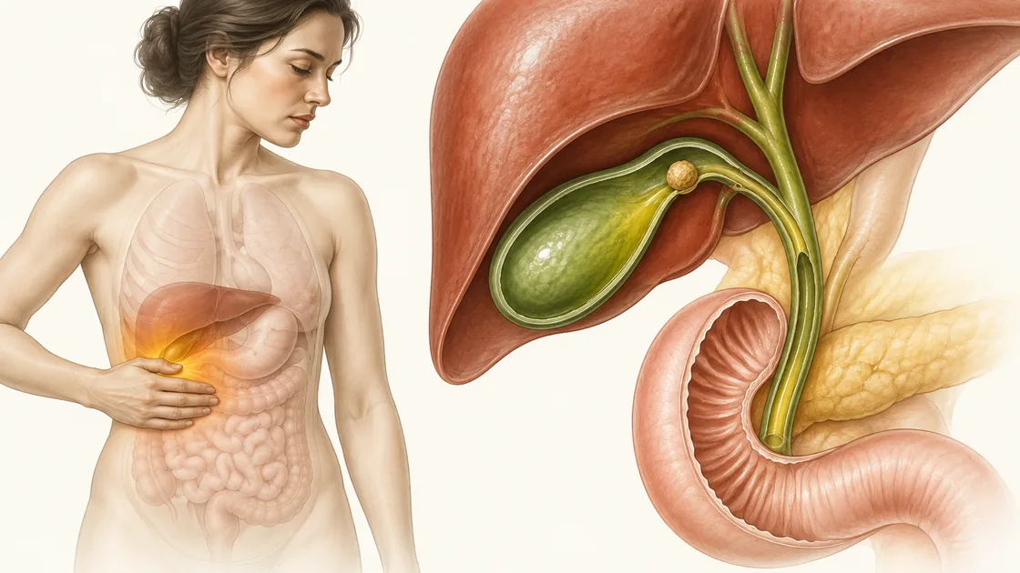 Gallenbeschwerden Hausmittel – anatomische Darstellung von Gallenblase, Gallengängen und einem Stein am Ausgang.