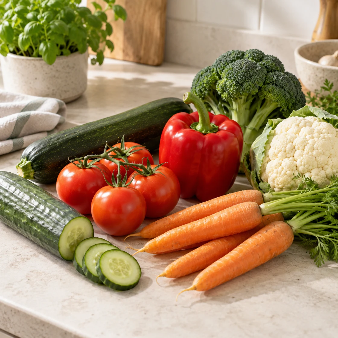 Gemüse Kalorien: rohe Gurke, Zucchini, Tomaten, Paprika, Möhren, Brokkoli und Blumenkohl