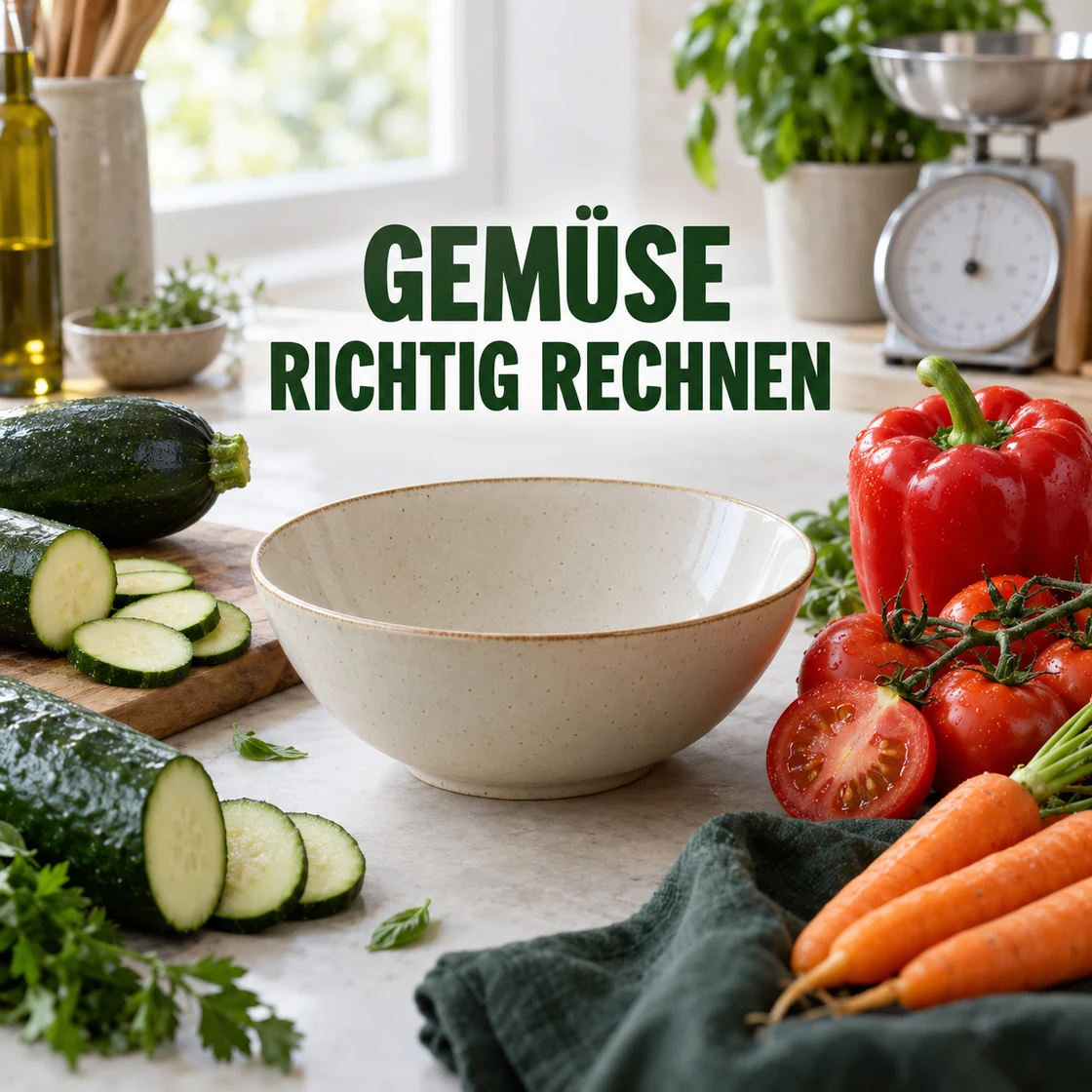 Gemüse Kalorien: Gemüse und Küchenschüssel mit Schriftzug GEMÜSE RICHTIG RECHNEN