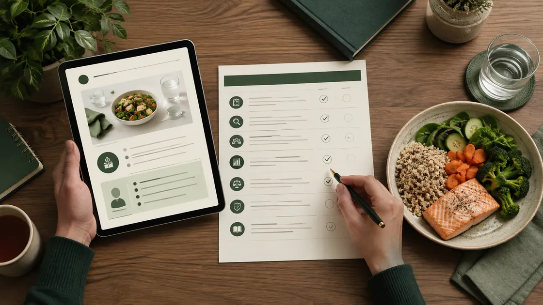 Gesund macht schlank – Person vergleicht ein Online-Abnehmprogramm mit einer Prüfliste und einer ausgewogenen Mahlzeit.