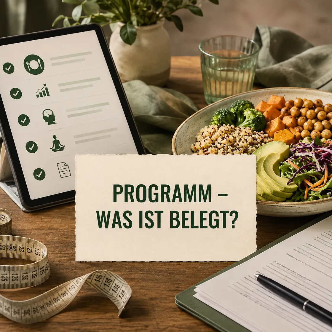 Gesund macht schlank – neutraler Programmcheck mit ausgewogener Mahlzeit, Maßband und Vertragsunterlagen.
