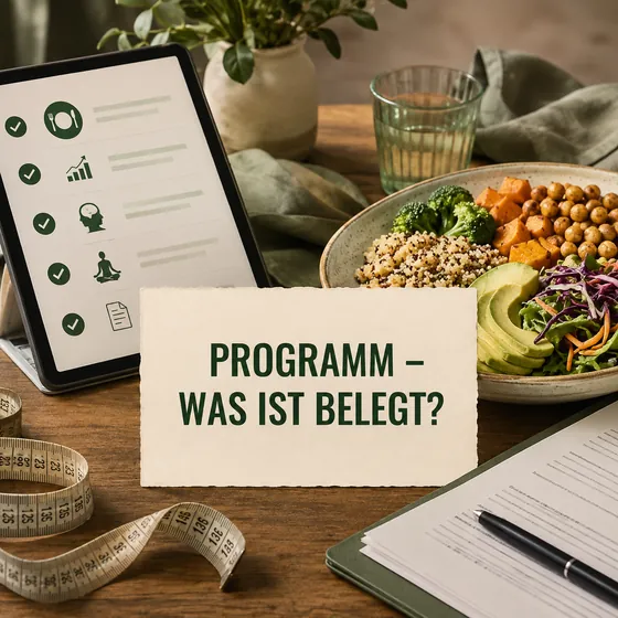 Gesund macht schlank – neutraler Programmcheck mit ausgewogener Mahlzeit, Maßband und Vertragsunterlagen.