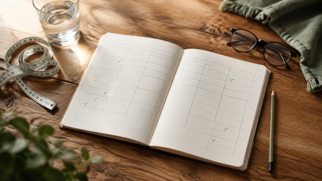 Gewicht abnehmen – ein privates Notizbuch mit leerem Messraster, Stift und Maßband auf einem Tisch.