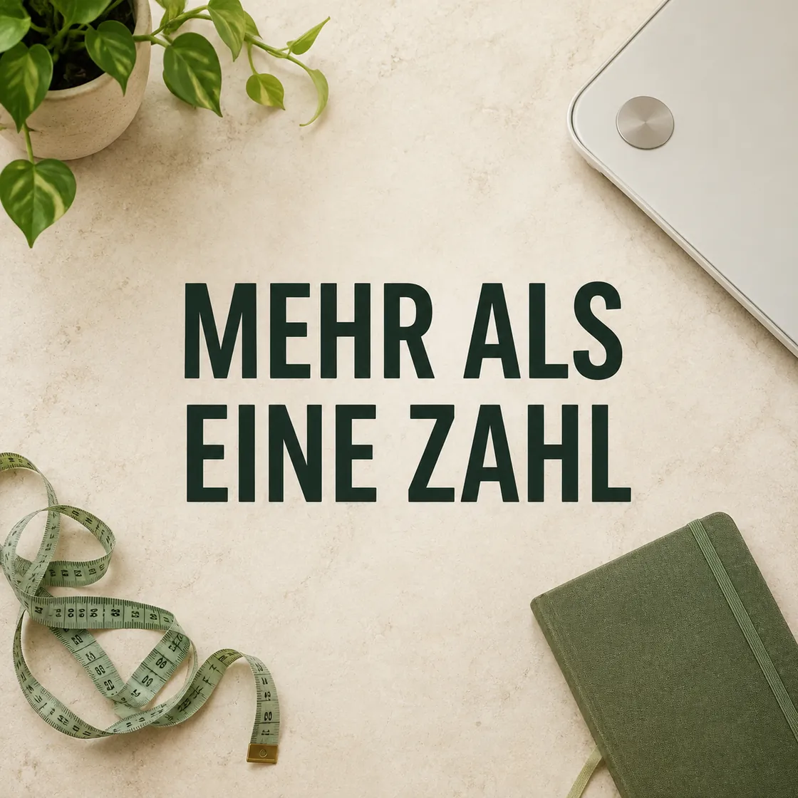 Gewicht abnehmen – Waage, Maßband und Notizbuch mit der Botschaft Mehr als eine Zahl.