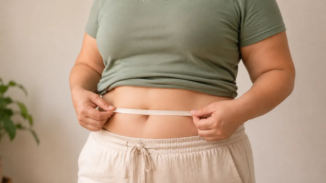 Gewicht abnehmen – ein locker anliegendes Maßband wird waagerecht am unbedeckten Bauch gehalten.