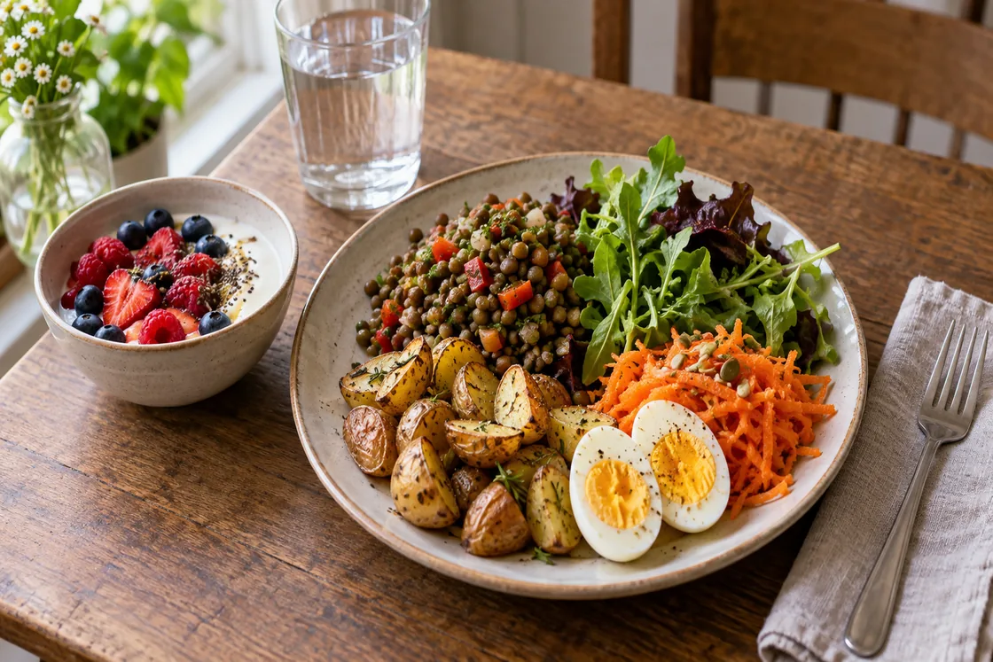 Glutenfreie Ernährung – vollständige Mahlzeit mit Gemüse, Protein und Beilage