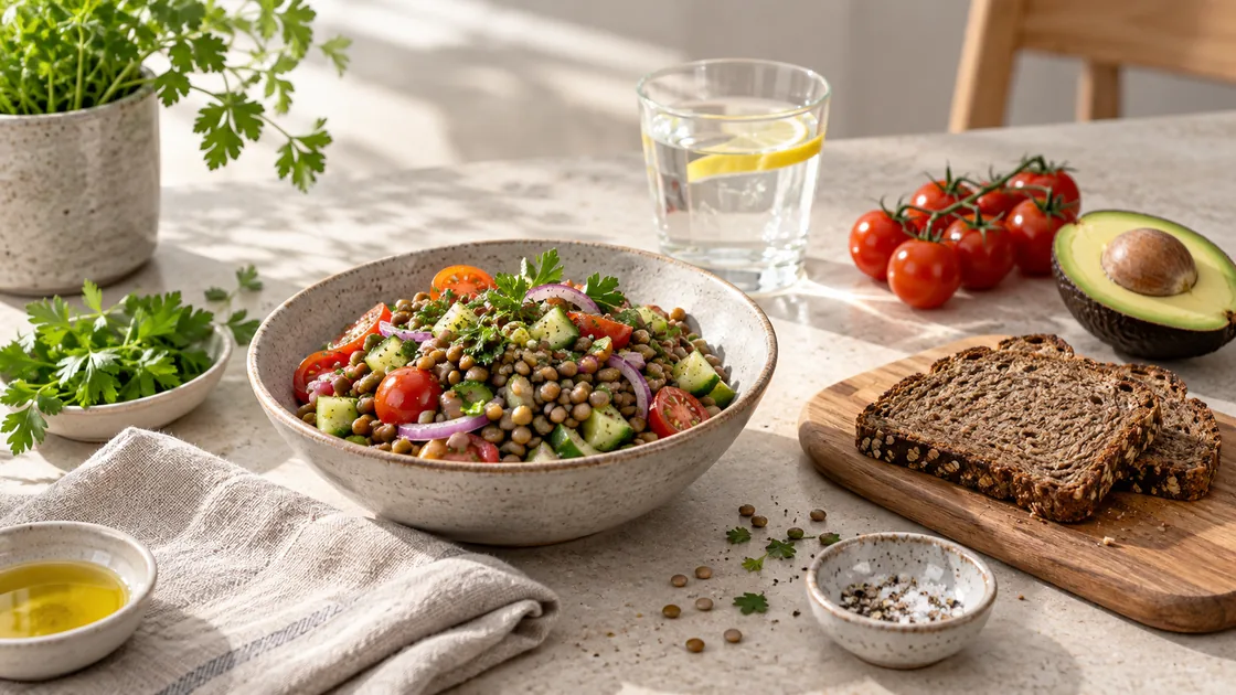 glyx diät – Linsensalat mit Vollkornbrot und Wasser