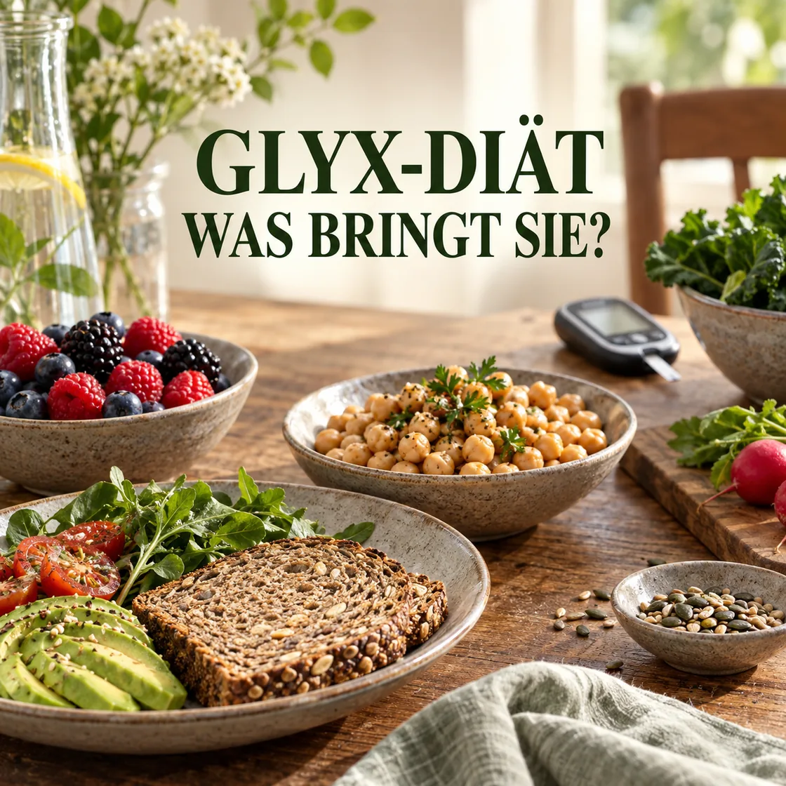 glyx diät – ausgewogene Lebensmittel auf Holztisch mit gut lesbarem Titel Was bringt sie