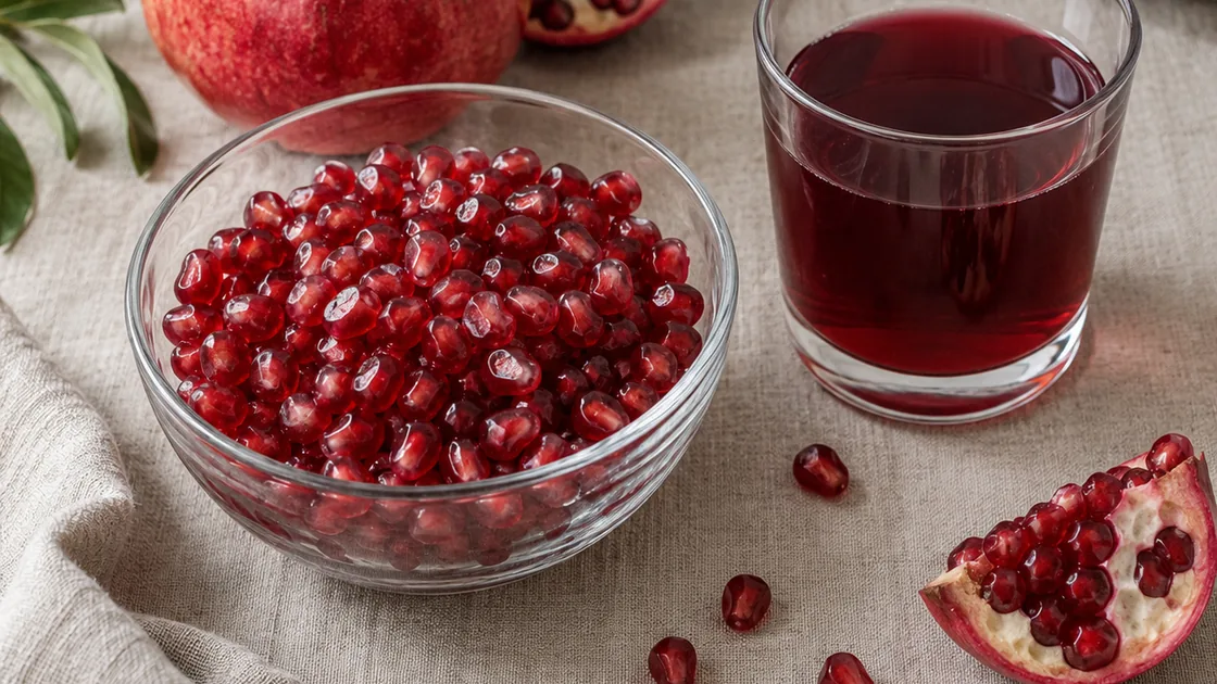 Granatapfel Vitamine vergleichen: ganze Kerne neben einem kleinen Glas Saft
