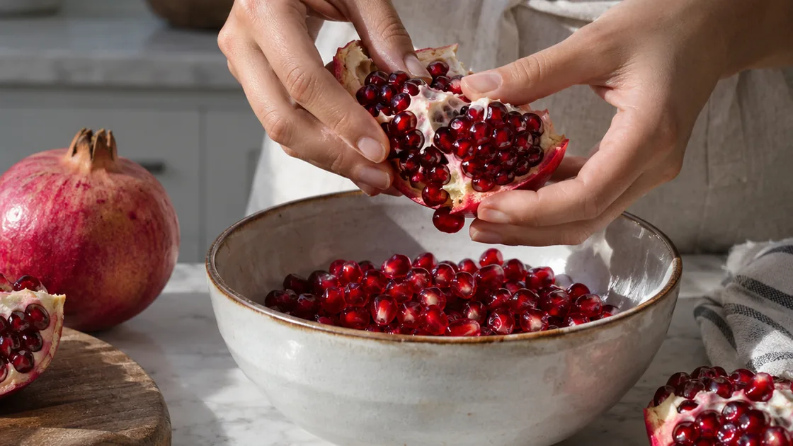 Granatapfel Vitamine: Hände lösen Kerne in einer sauberen Küche