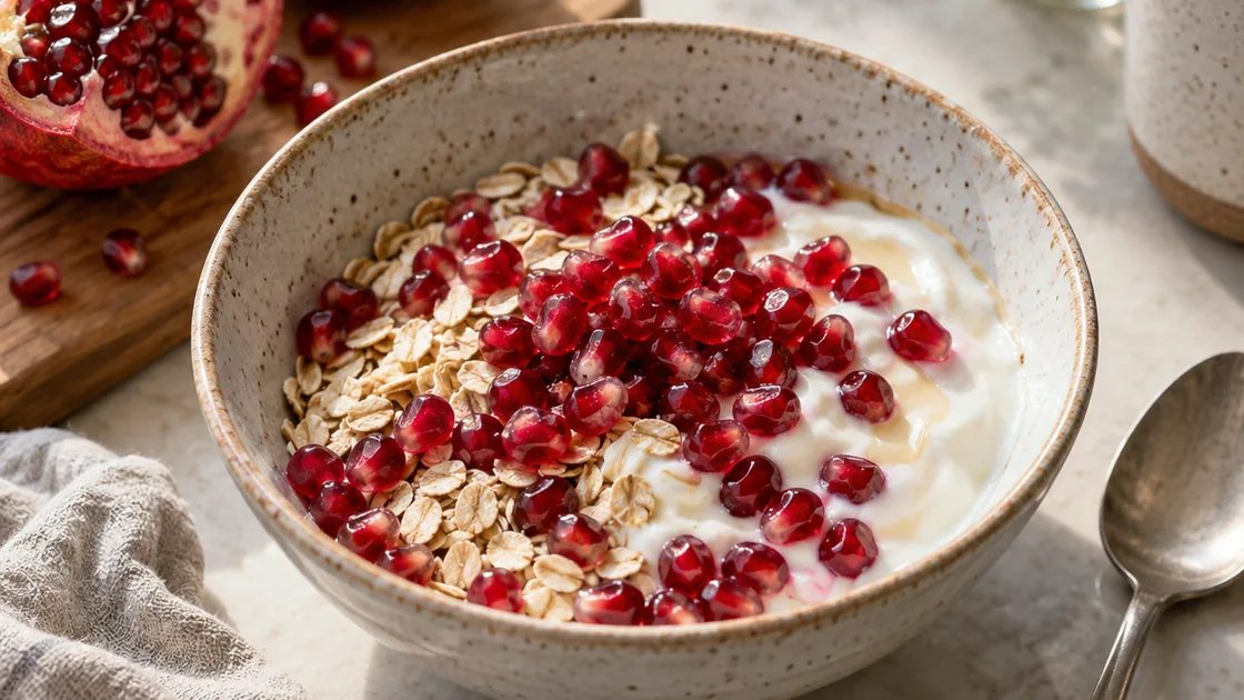 Granatapfel Vitamine im Alltag: Kerne auf Joghurt und Haferflocken