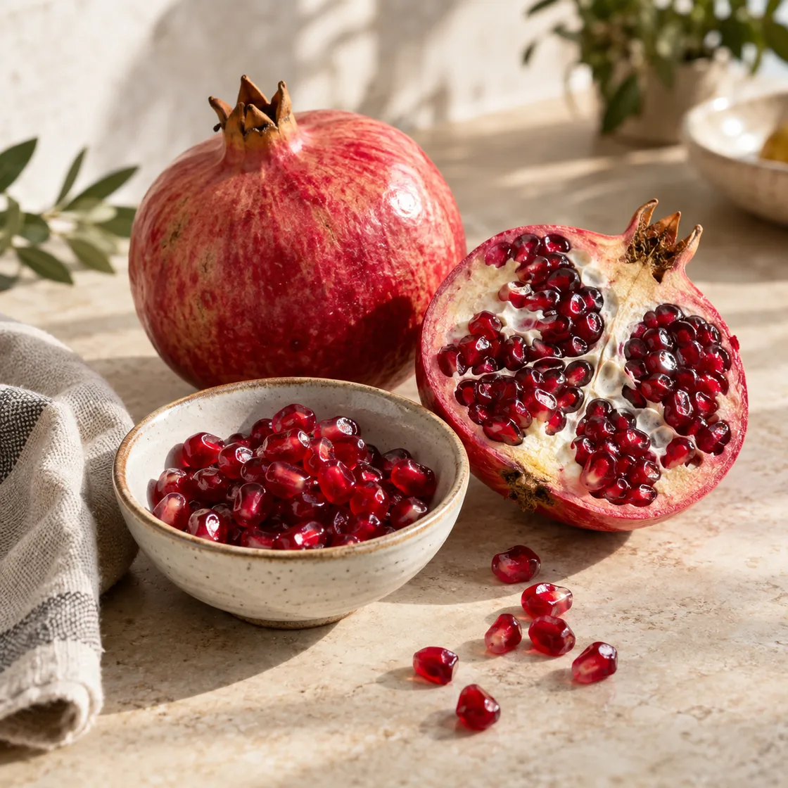 Granatapfel Vitamine: ganze Frucht, Hälfte und Kerne in einer Schale