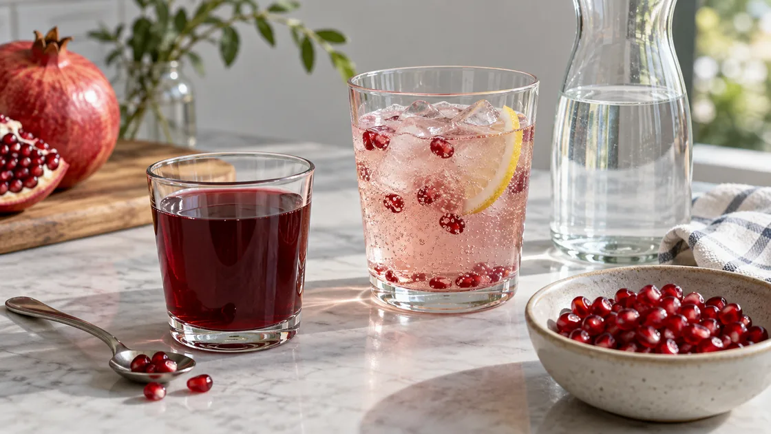 granatapfelsaft gesund – kleines Saftglas, verdünnte Schorle, Wasser und Granatapfelkerne