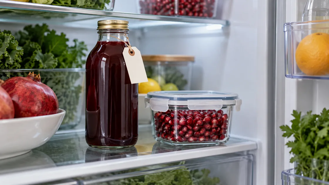 granatapfelsaft gesund – geöffnete Saftflasche und Granatapfelkerne im Kühlschrank