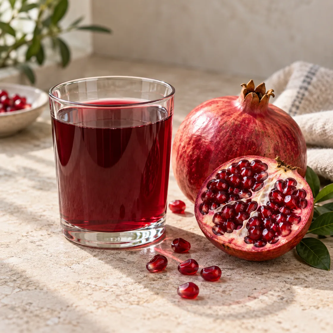 granatapfelsaft gesund – kleines Glas Saft neben ganzem und geöffnetem Granatapfel