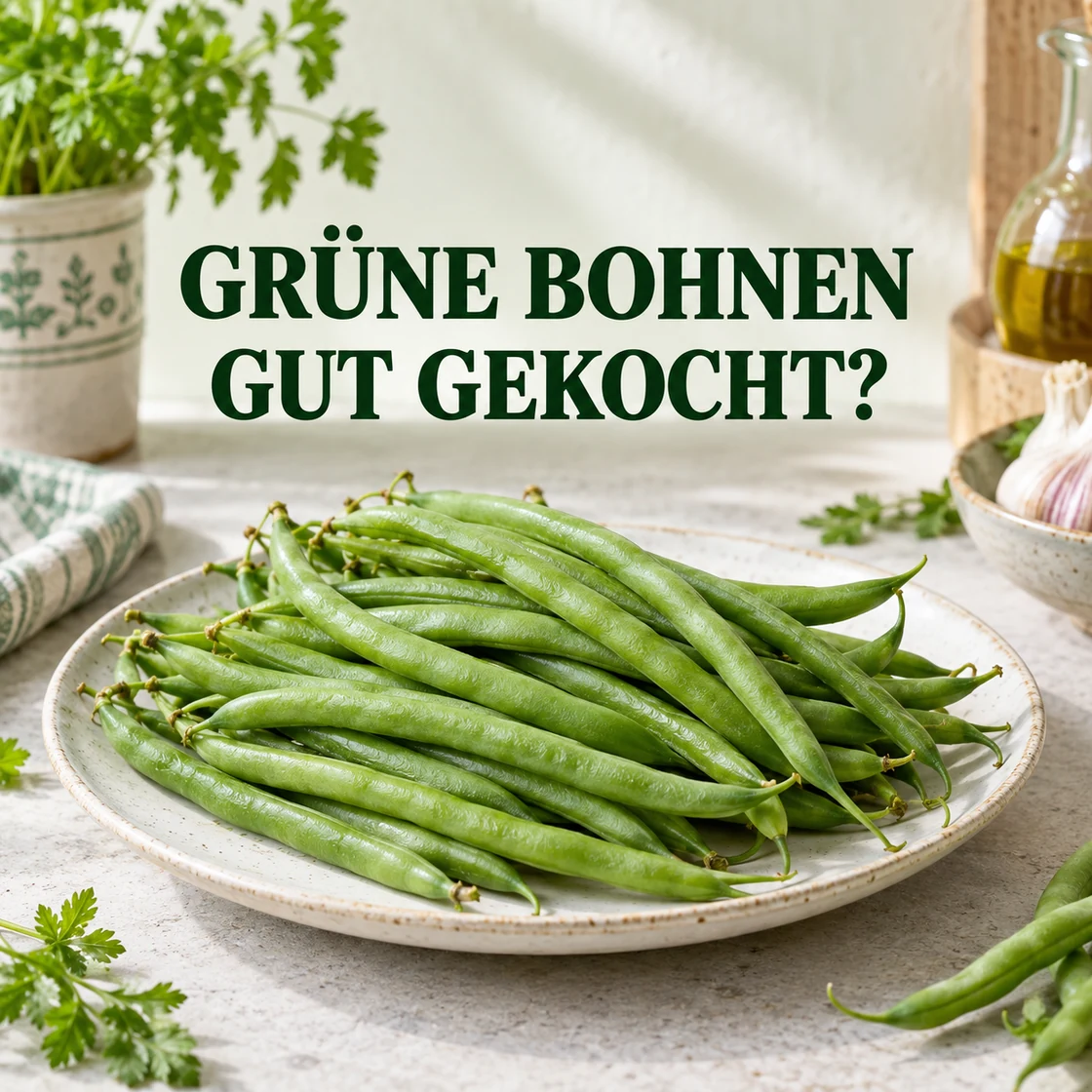 grüne bohnen gesund: grüne Hülsen und Schriftzug GRÜNE BOHNEN GUT GEKOCHT?