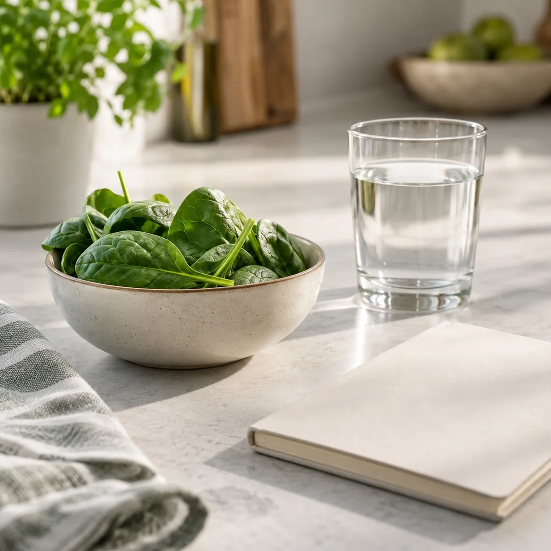 grüner stuhlgang und bauchschmerzen – Spinat, Wasser und Notizbuch