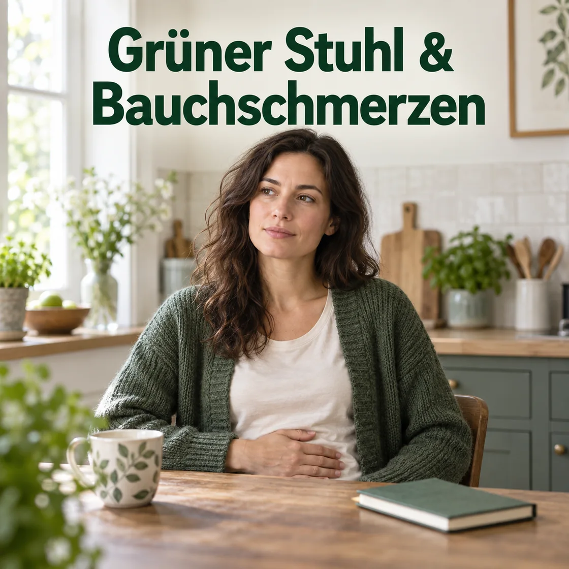 grüner stuhlgang und bauchschmerzen – Frau mit Bauchbeschwerden in heller Küche