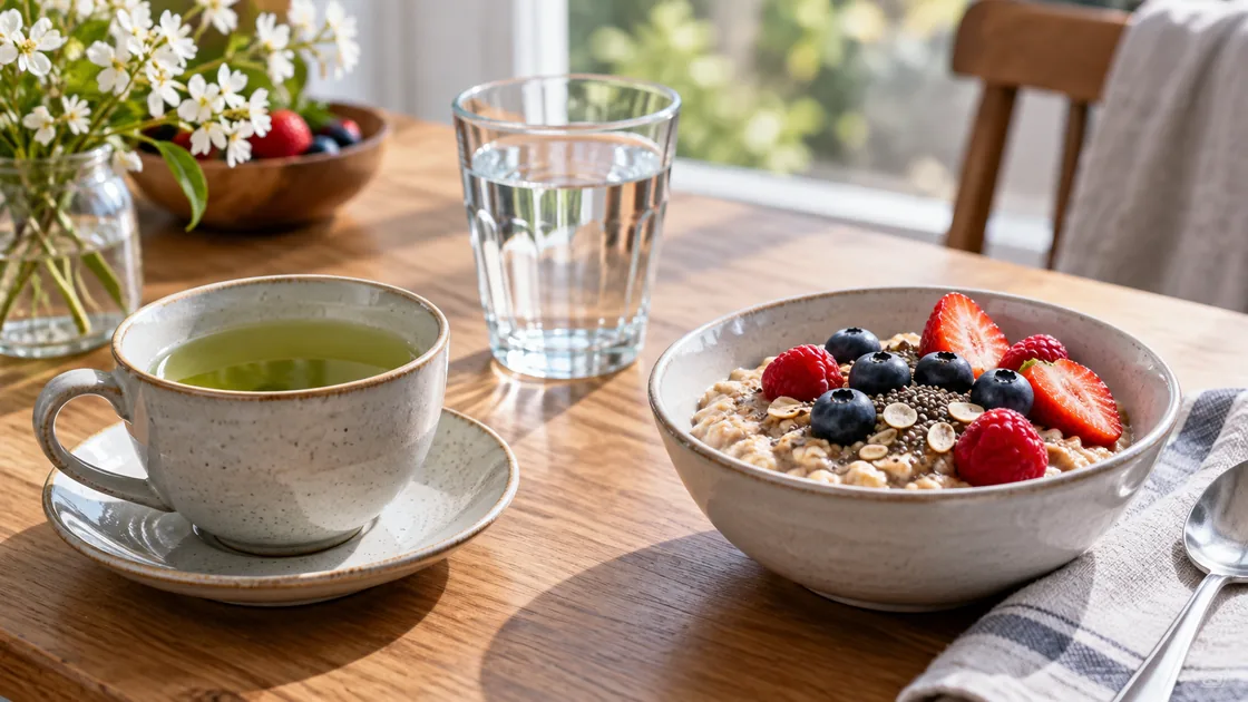 grüner tee gesund – ungesüßter Tee neben Wasser und Haferfrühstück