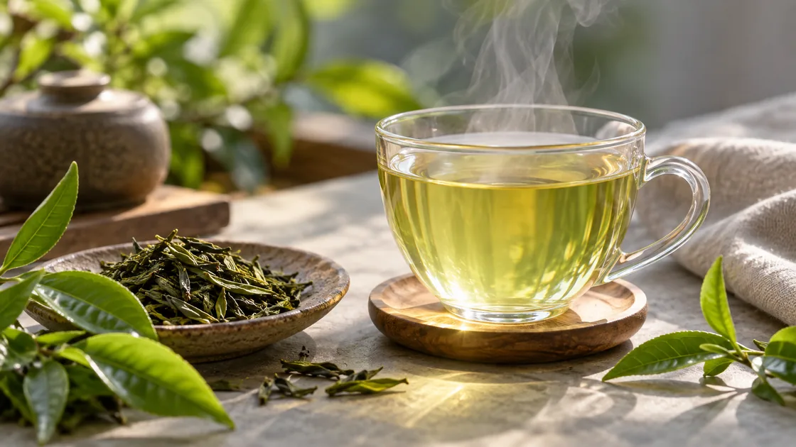 grüner tee gesund – Tasse mit aufgebrühtem Tee und Teeblättern