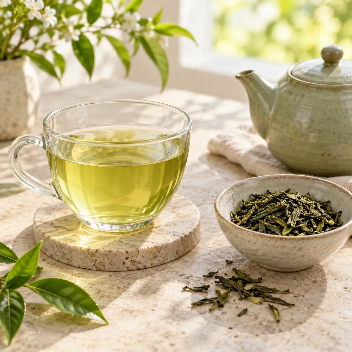 grüner tee gesund – heller Teeaufguss und lose Blätter auf einem Tisch