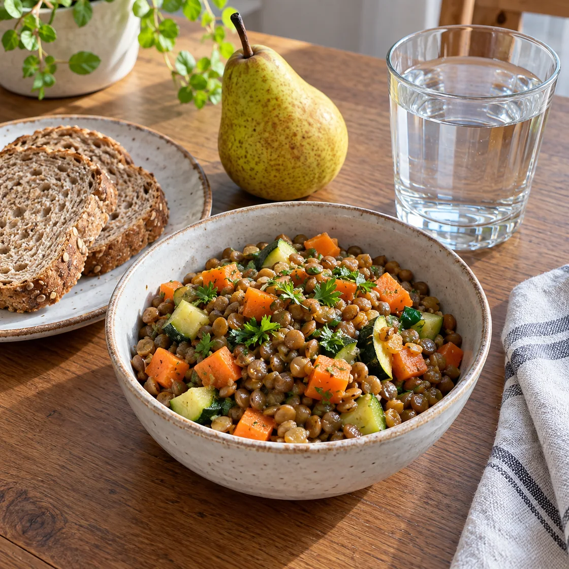 hämorrhoiden 1 grades – Linsen, Gemüse, Vollkornbrot, Birne und Wasser