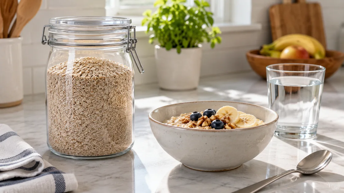 Haferkleie gesund: Vorratsglas und Frühstück mit Wasser