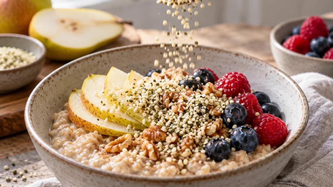 hanfsamen gesund – Samen als Zutat in einer Schale Haferflocken und Beeren