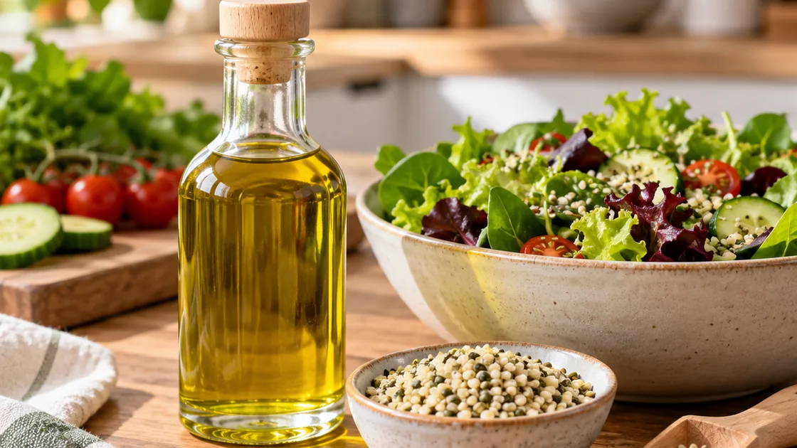 hanfsamen gesund – Hanföl neben einem Salat als Speiseöl