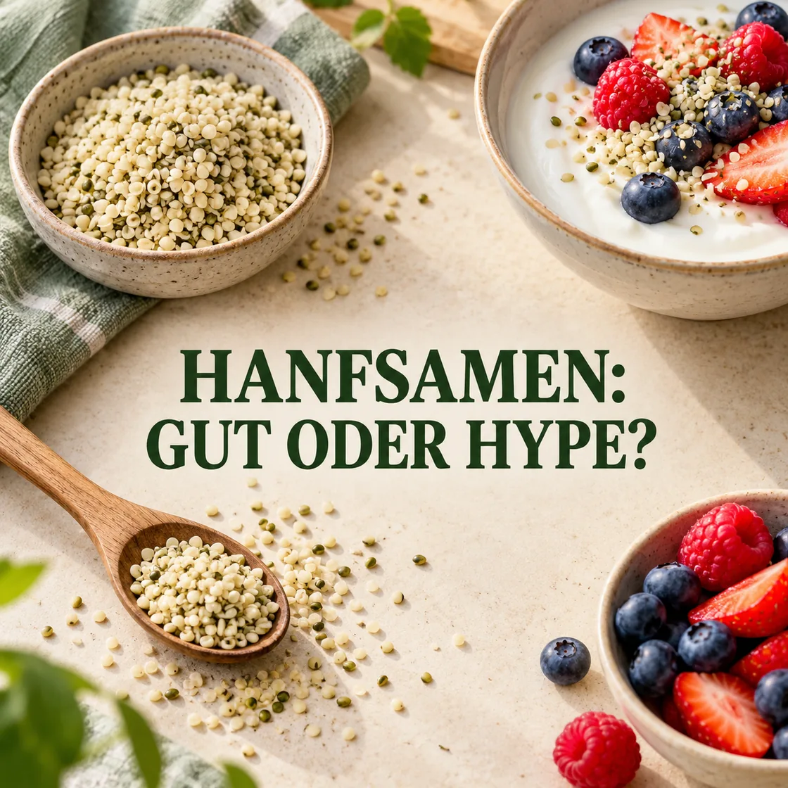 hanfsamen gesund – Hanfsamen mit Joghurt und gut lesbarem Schriftzug HANFSAMEN: GUT ODER HYPE?
