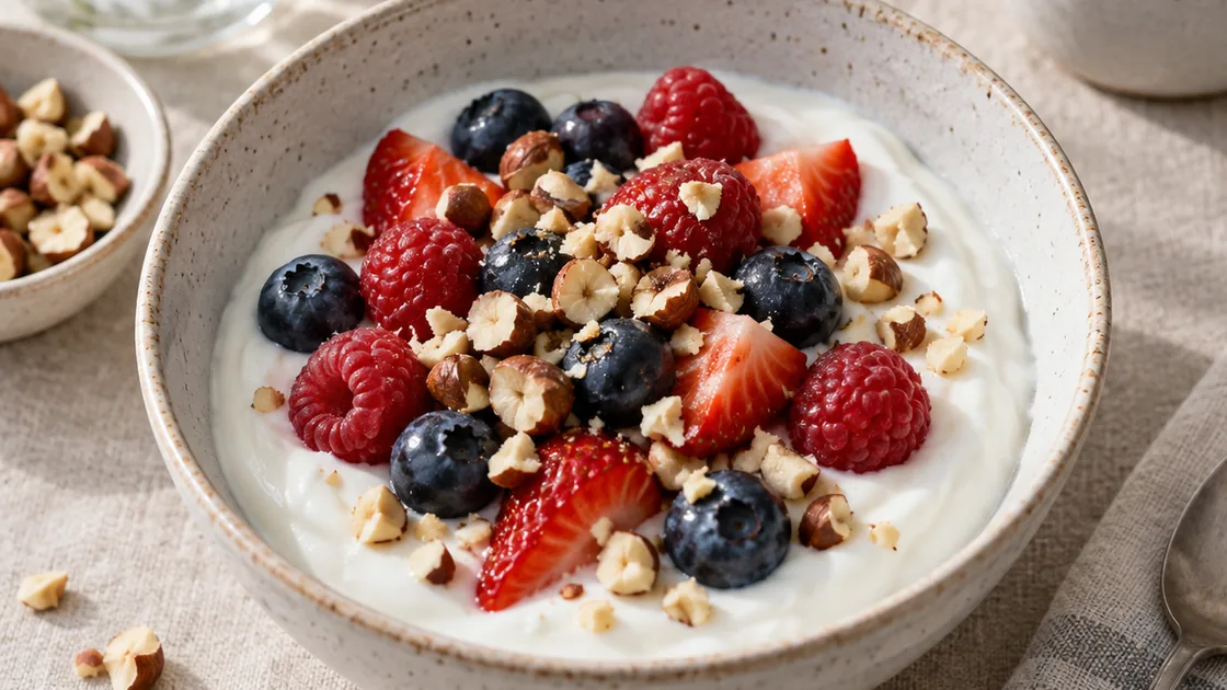 Haselnüsse gesund: Joghurt mit Beeren und gehackten Nüssen