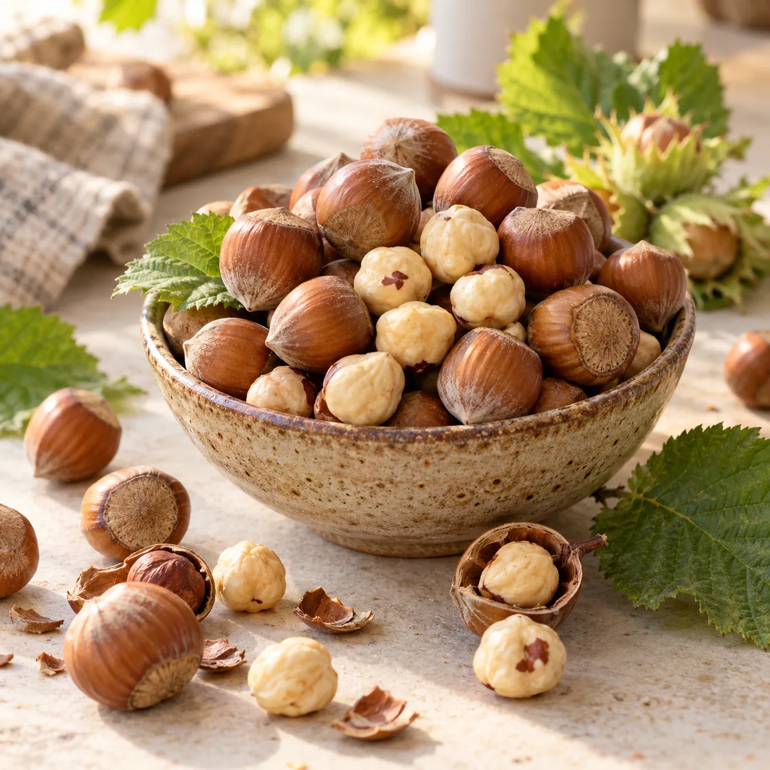 Haselnüsse gesund: Schale mit ganzen und geschälten Haselnüssen