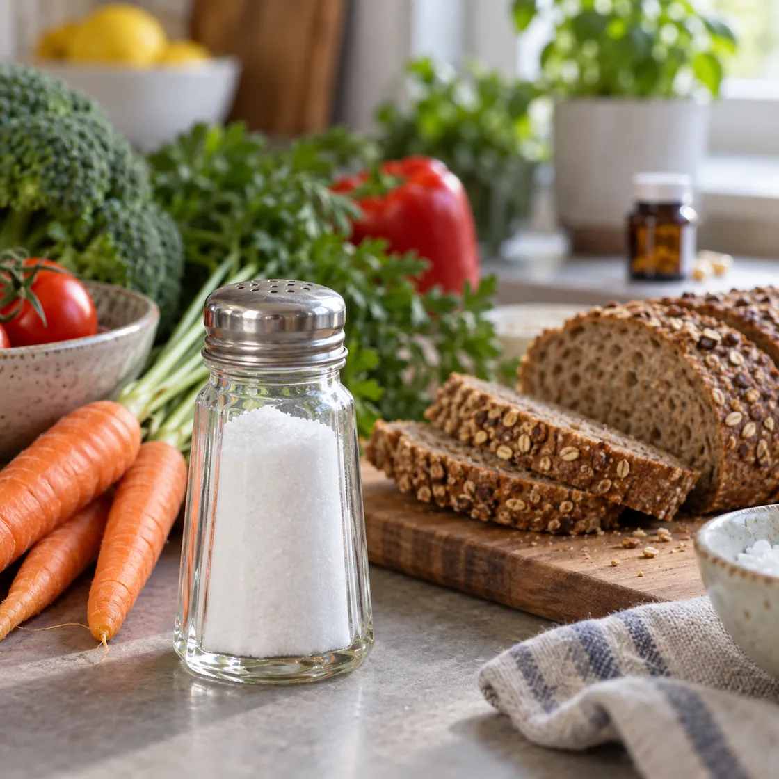 ernährung bei hashimoto – Salzstreuer mit Gemüse und Vollkornbrot
