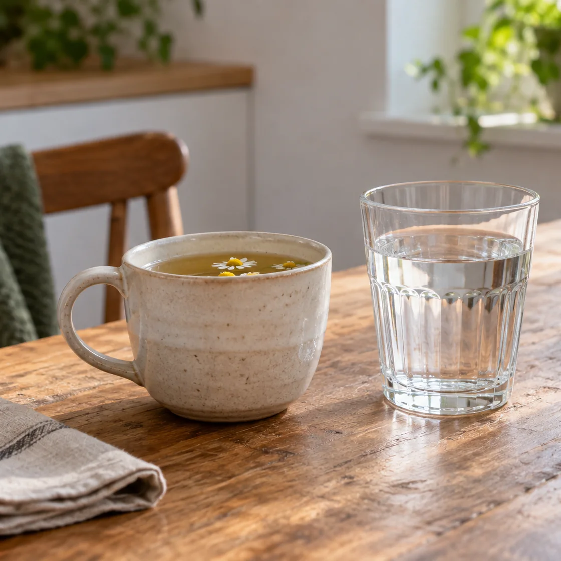 hausmittel gegen bauchschmerzen – Wasser und milder Tee in kleinen Schlucken