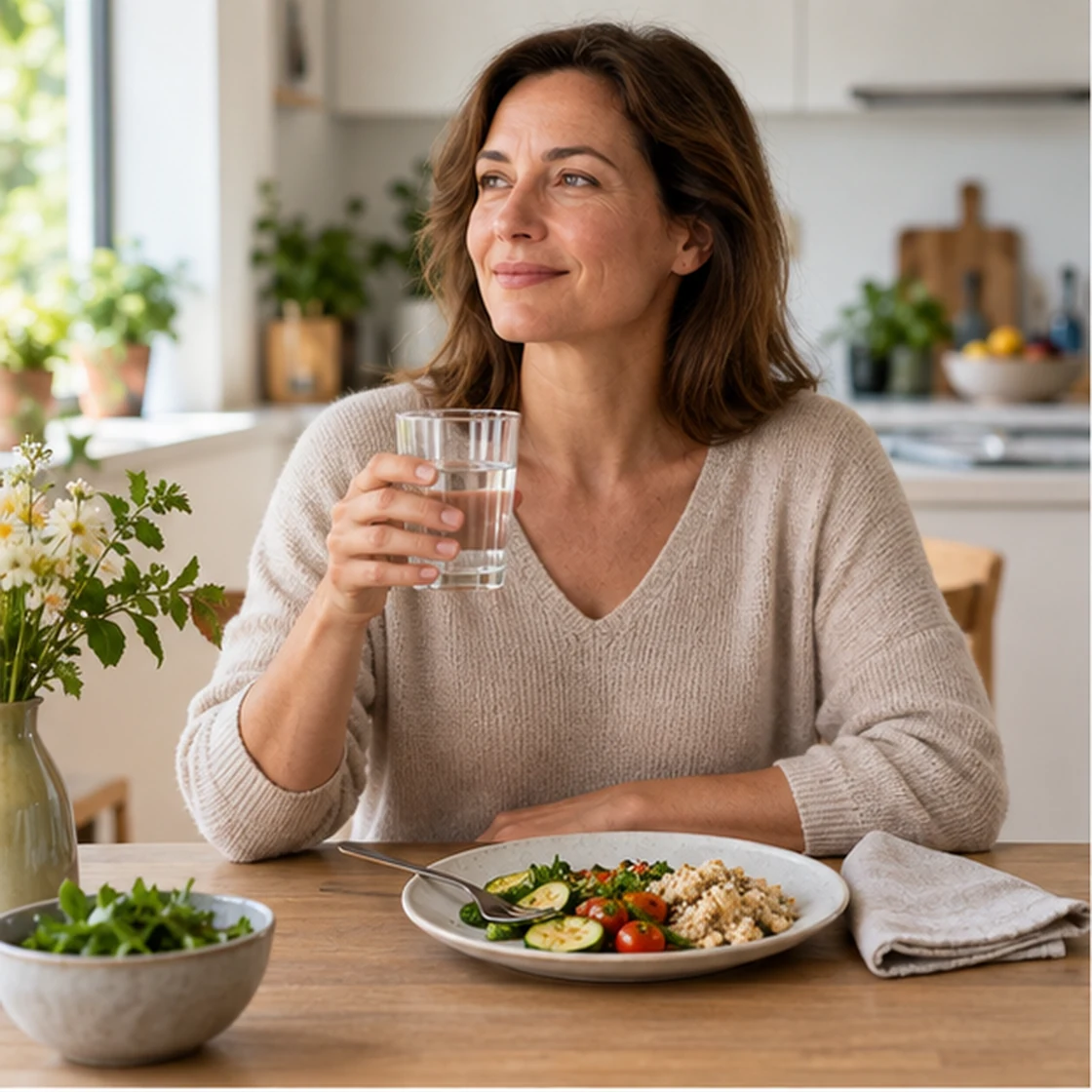 10 hausmittel gegen sodbrennen – kleine Mahlzeit und stilles Wasser in heller Küche