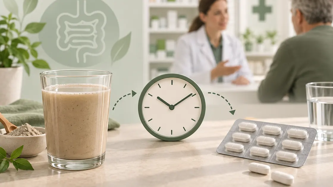 Heilerde trinken – Uhr zwischen Heilerde-Getränk und Arzneimitteln als Hinweis auf den Einnahmeabstand.