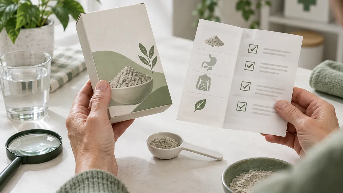 Heilerde trinken – Hände vergleichen Packung, Beipackzettel und Messlöffel eines neutralen Produkts.