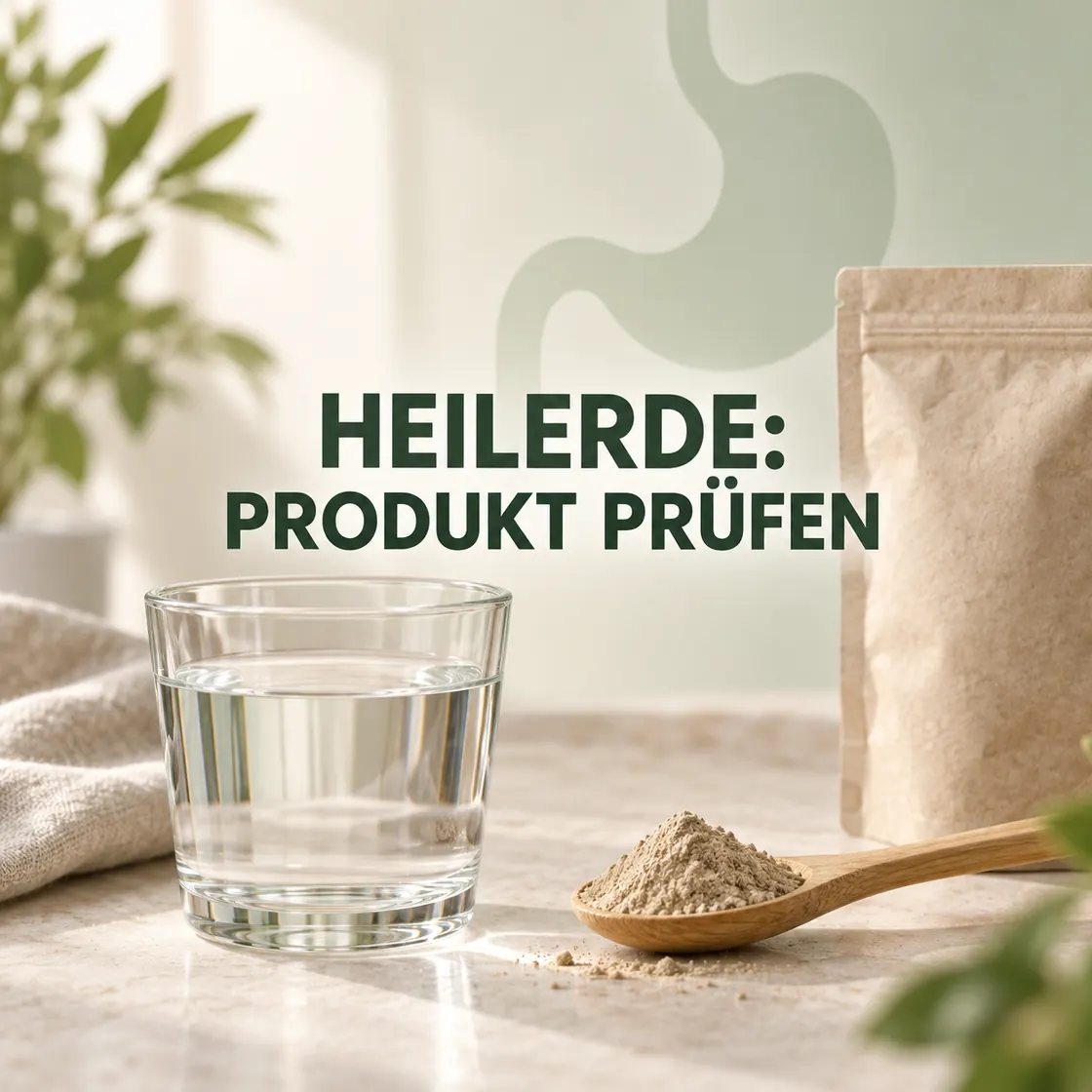 Heilerde trinken – Glas, feines Mineralpulver und der Hinweis Heilerde: Produkt prüfen.