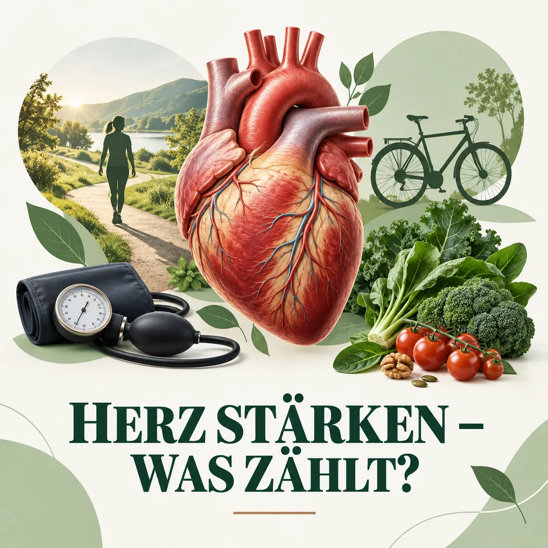 Herz stärken – Herzsymbol, Spaziergang, Fahrrad, Blutdruckmessgerät und mediterrane Lebensmittel.