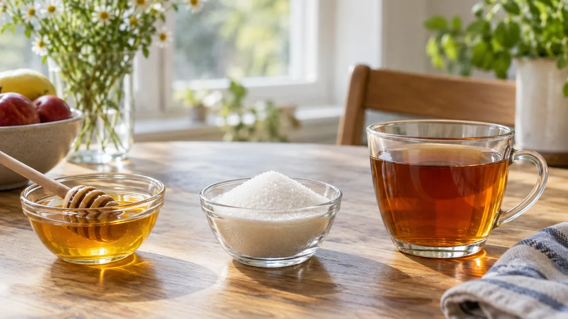 Honig gesund: Honig, Haushaltszucker und Tee auf einem Tisch