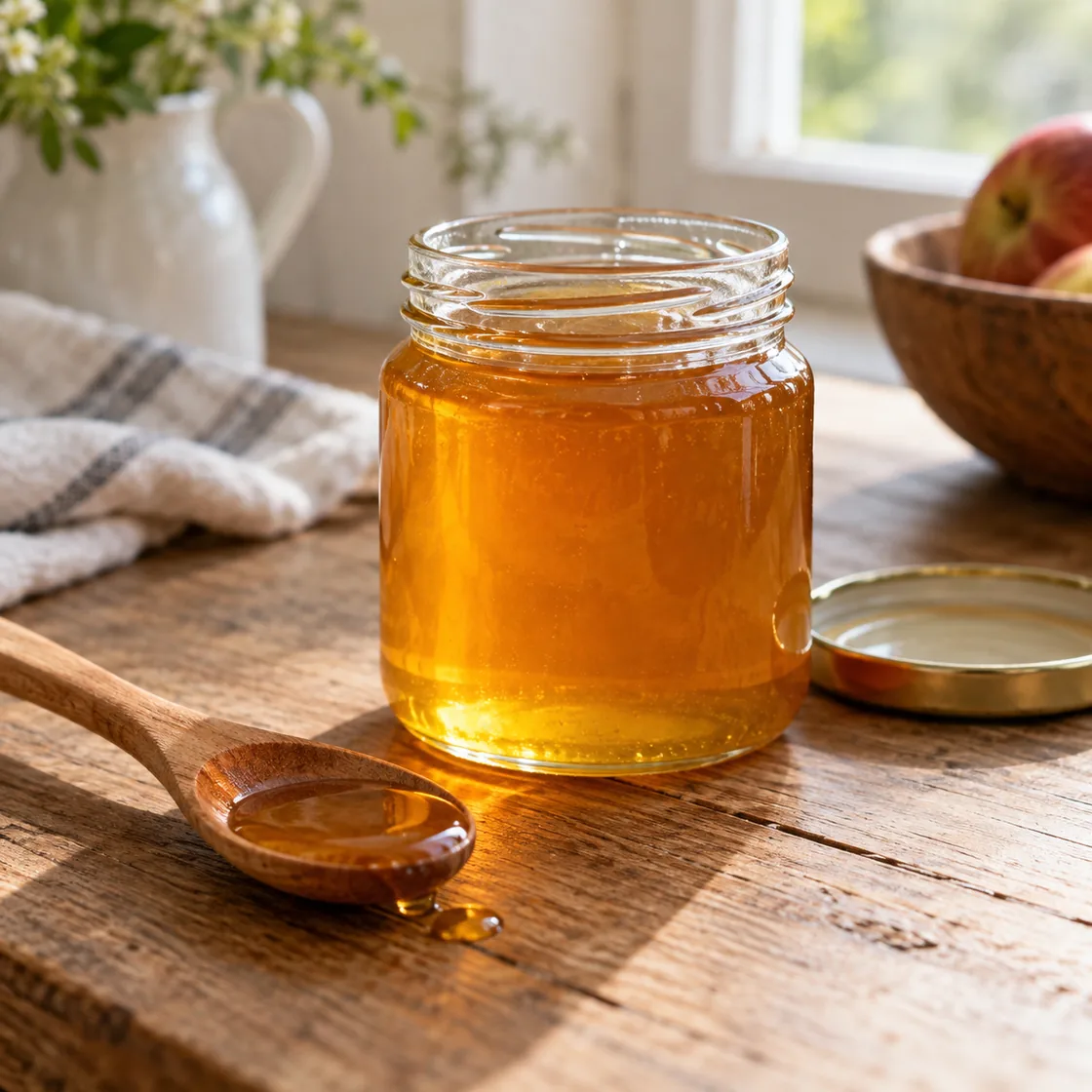 Honig gesund: Glas mit goldenem Honig und kleinem Löffel