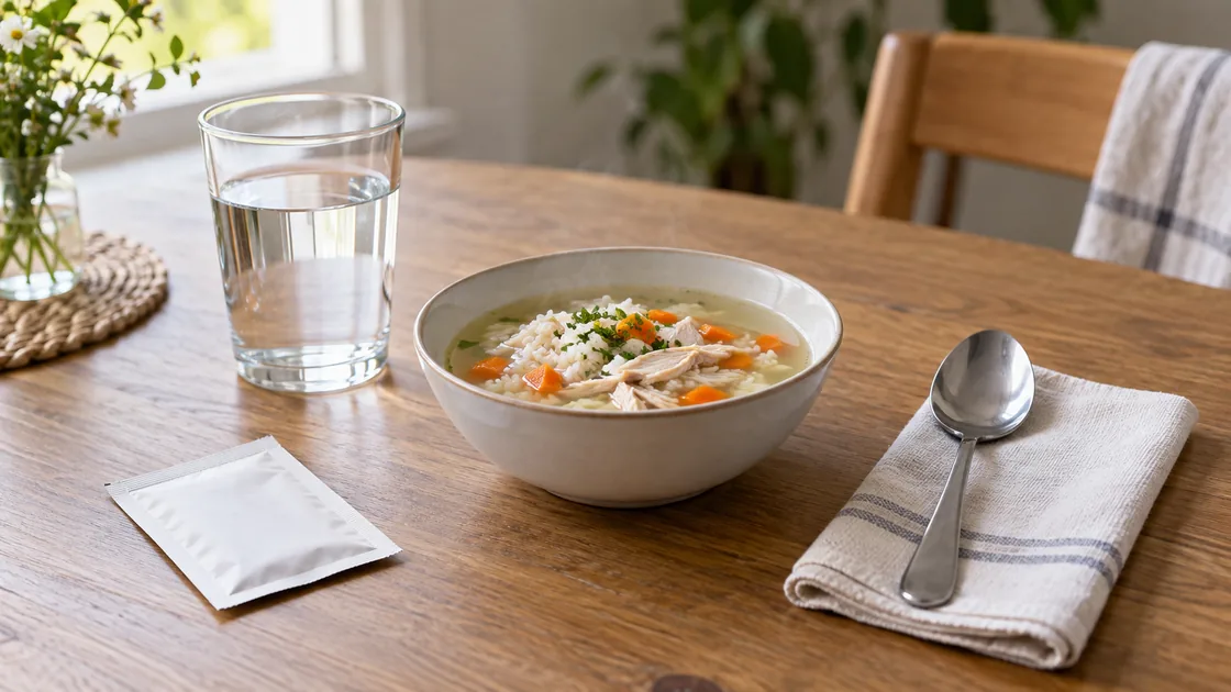 Hühnersuppe bei Durchfall – kleine Portion mit Wasser und unbeschriftetem Elektrolytpulver.