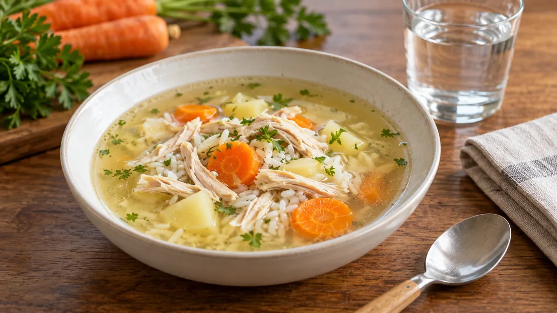 Hühnersuppe bei Durchfall – klare fettarme Suppe mit Reis, Möhren und magerem Hühnerfleisch.