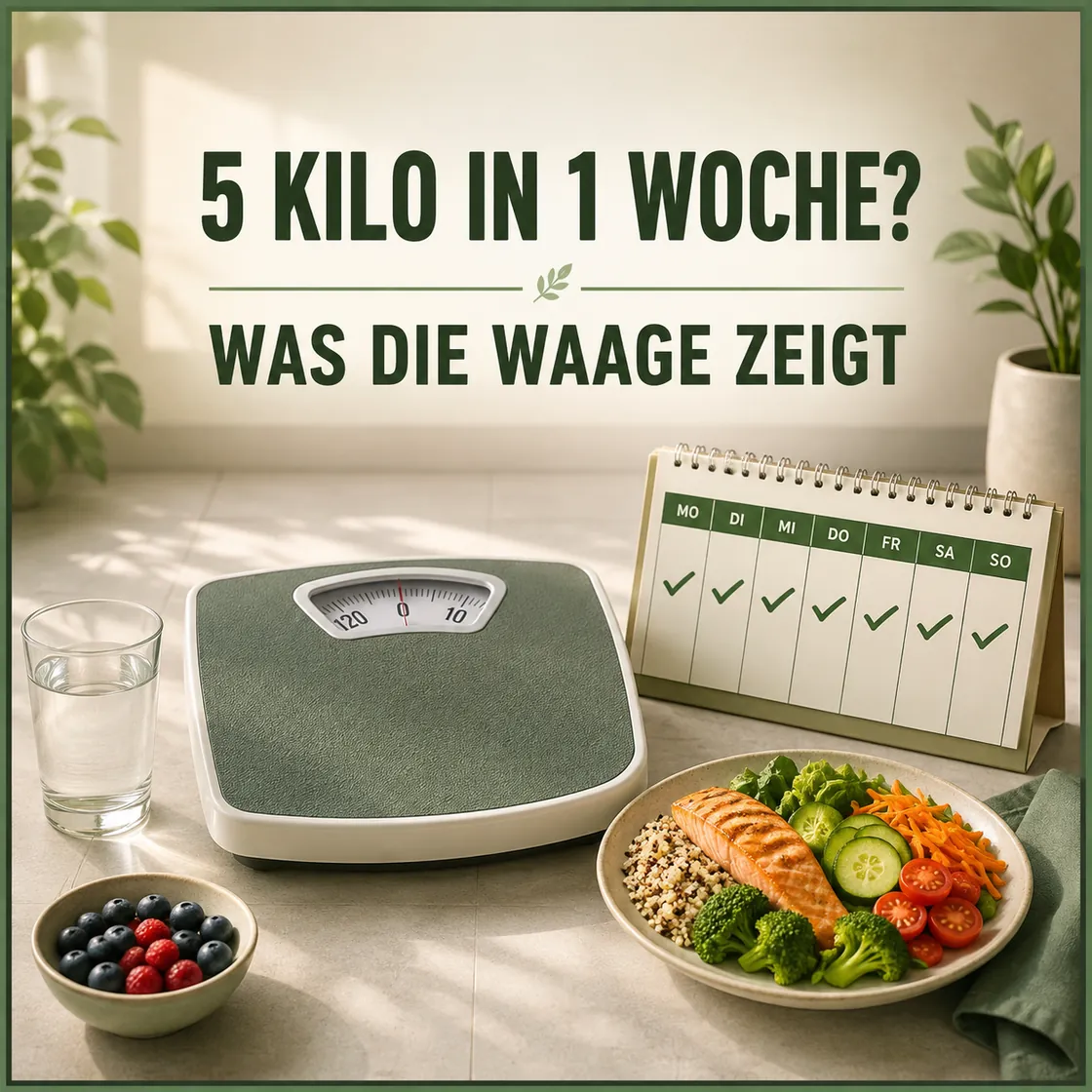 In einer Woche 5 Kilo abnehmen ohne Sport – Waage, Wochenkalender und ausgewogene Mahlzeit.
