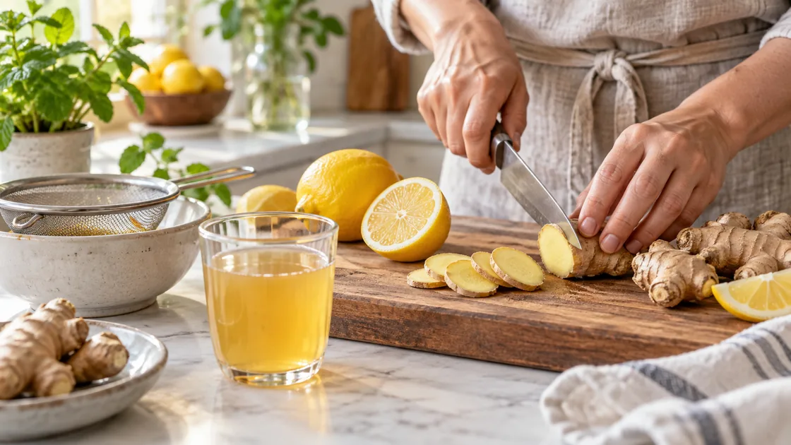 Ingwer Shot gesund zubereiten: Ingwer und Zitrone in sauberer Küche