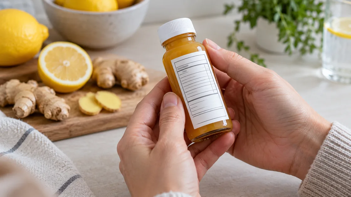 Ingwer Shot gesund prüfen: Hände lesen die Zutaten einer Getränkeflasche