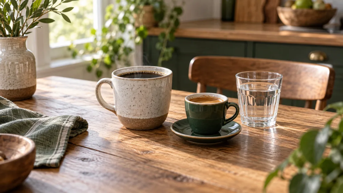 Kaffee Blutdruck: Filterkaffee, Espresso und Wasser in verschiedenen Gefäßen