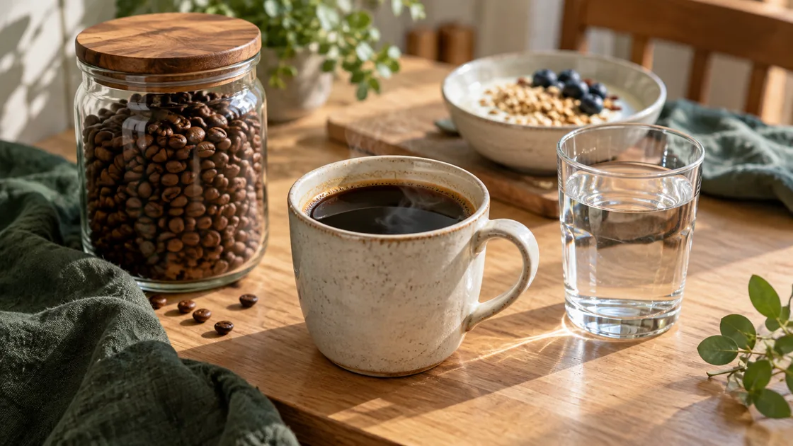 Kaffee Blutdruck: Kaffeetasse und Wasserglas auf einem Frühstückstisch